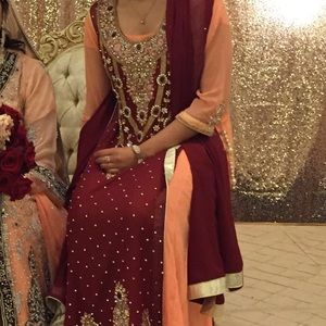 Pakistani frock with layered jacket clothes